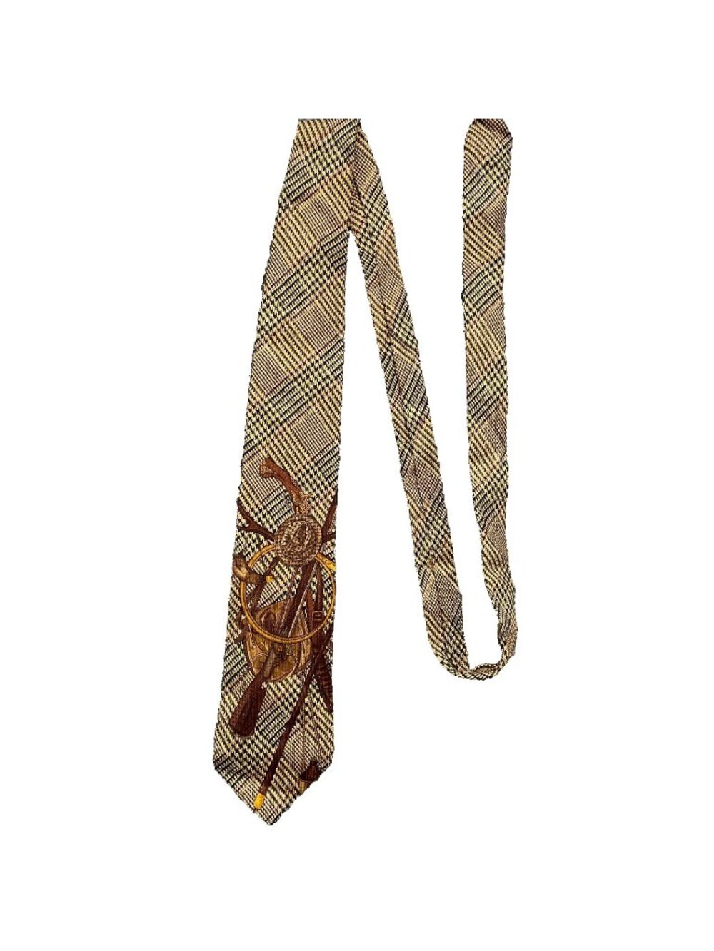 Vintage Lands End Silk Mens Tie Plaid Equestrian Horse Tack Stirrup Riding Crop